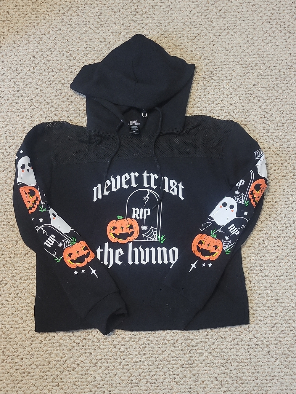 Never Trust The Living Halloween Cropped Hoodie. Small